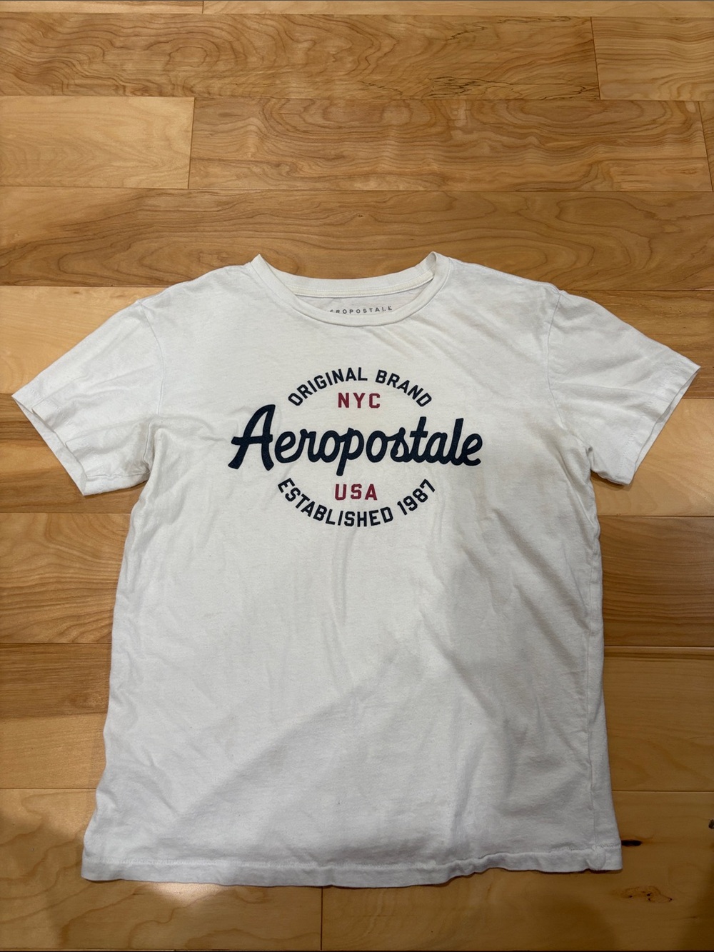 Aeropostale White Tee with Navy Script and Red Accents